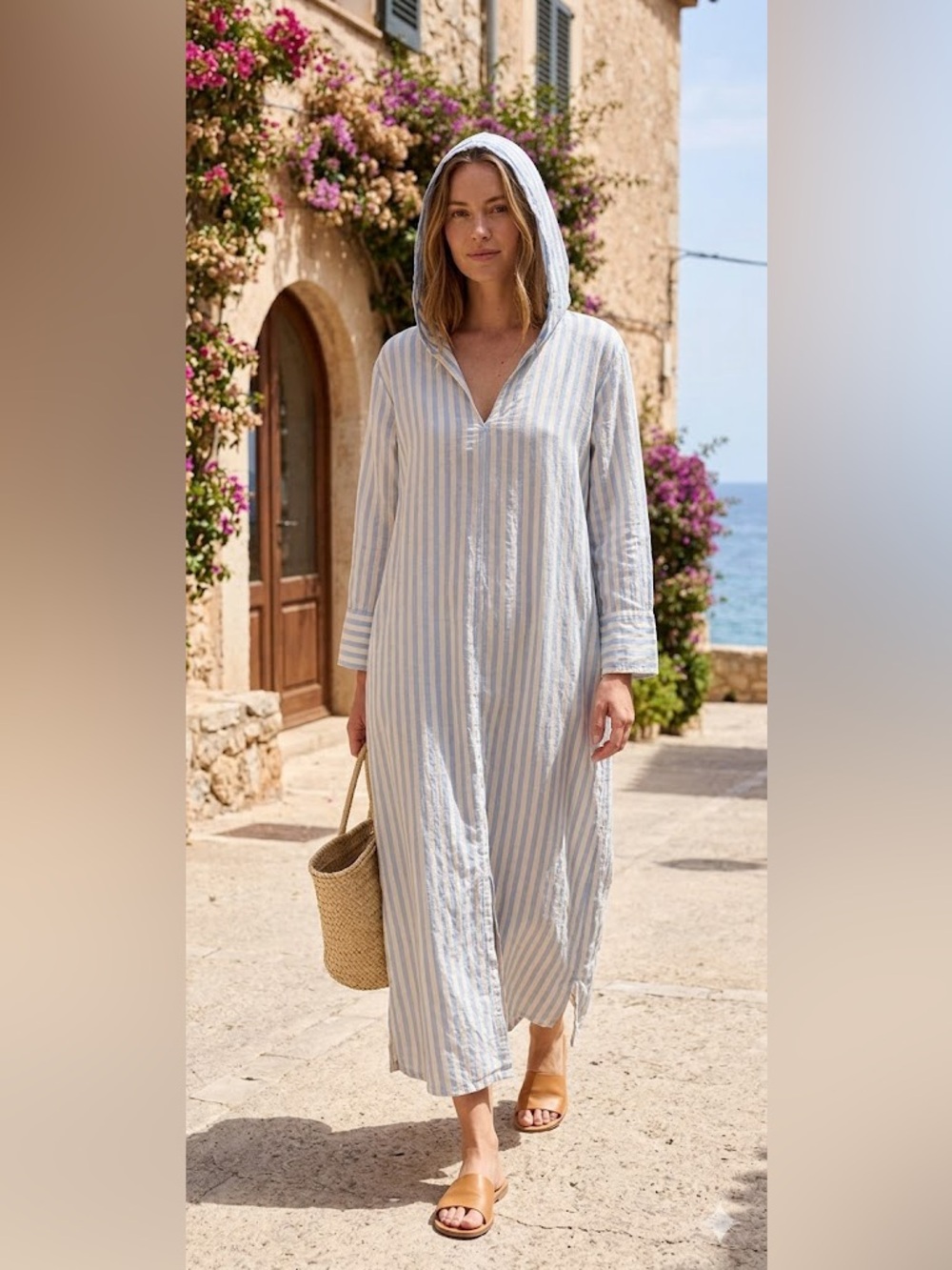 Striped Hooded Blue & White Swim Cover-Up